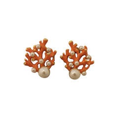 Kenneth Jay Lane 1990's Coral Shaped and Colored Clip-ons with Pearls