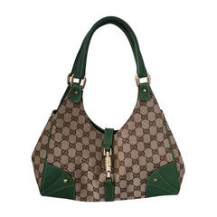 Gucci Brown Fabric and Green Leather Printed Monogram Shoudler Bag
