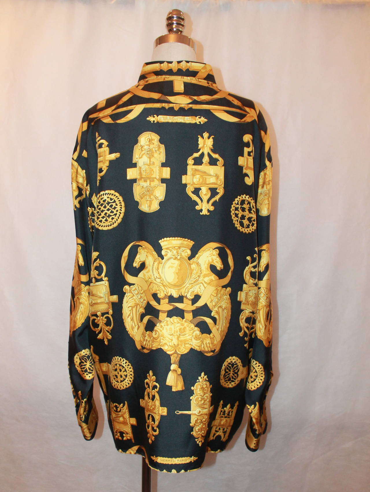 Women's Vintage 1970s Hermes Black and Gold Latch Print Silk Top
