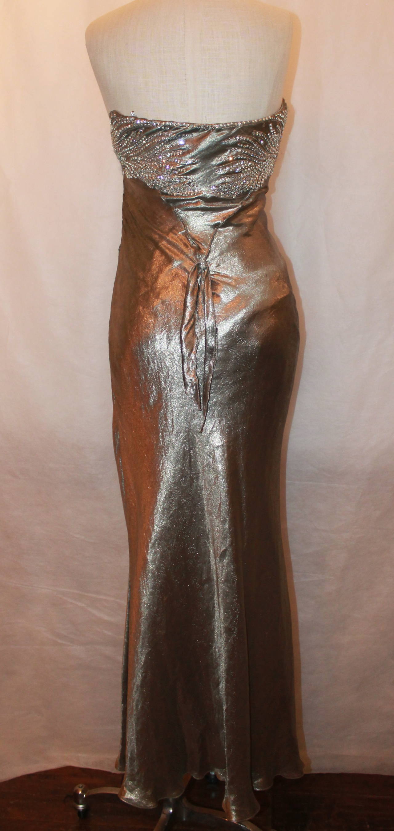 Ralph Lauren Couture Gunmetal Silk Lame Rhinestone Gown - XS In Excellent Condition In West Palm Beach, FL