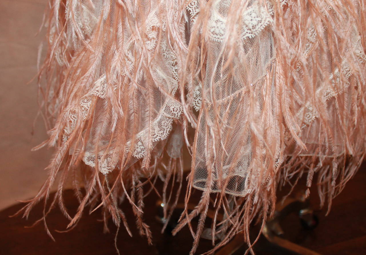 Oscar de la Renta Blush Lace Beaded Gown with Ostrich Feathers & Shawl - M In Good Condition In West Palm Beach, FL