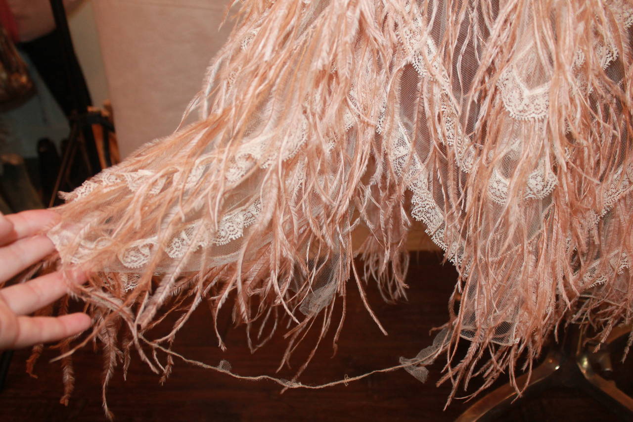 Women's Oscar de la Renta Blush Lace Beaded Gown with Ostrich Feathers & Shawl - M