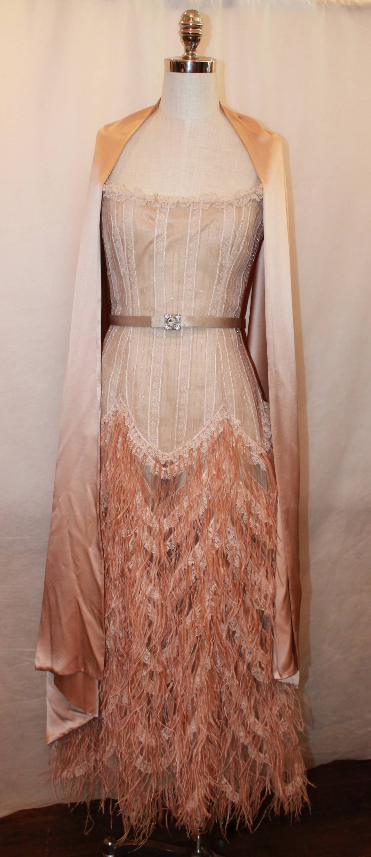 Brown Oscar de la Renta Blush Lace Beaded Gown with Ostrich Feathers & Shawl - M