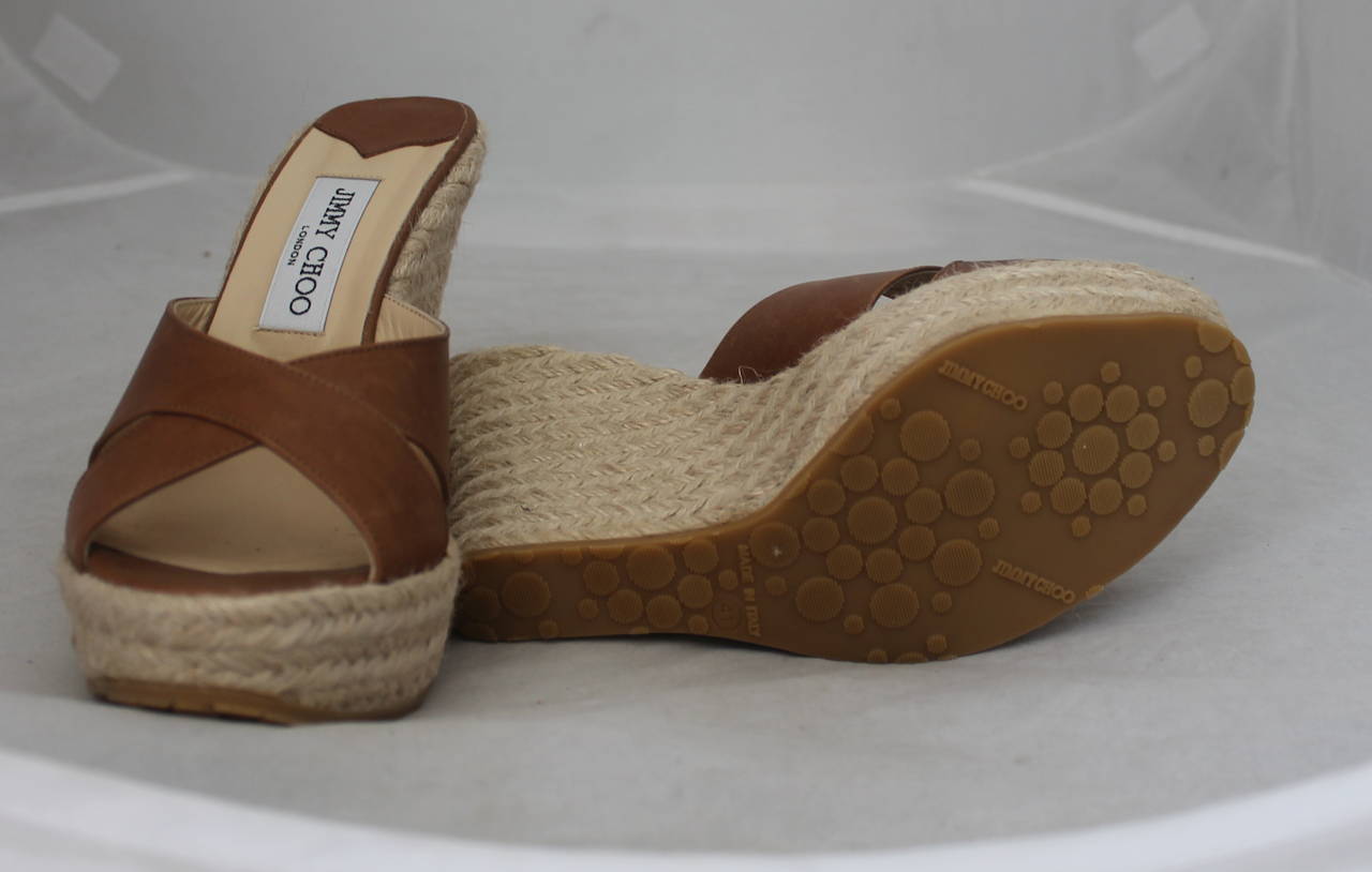 Women's Jimmy Choo Brown Leather and Straw Wedge Slides - 41
