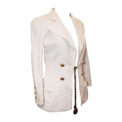 Chanel 1980's Vintage White Cotton Jacket with "CC" Medallion Chain - M