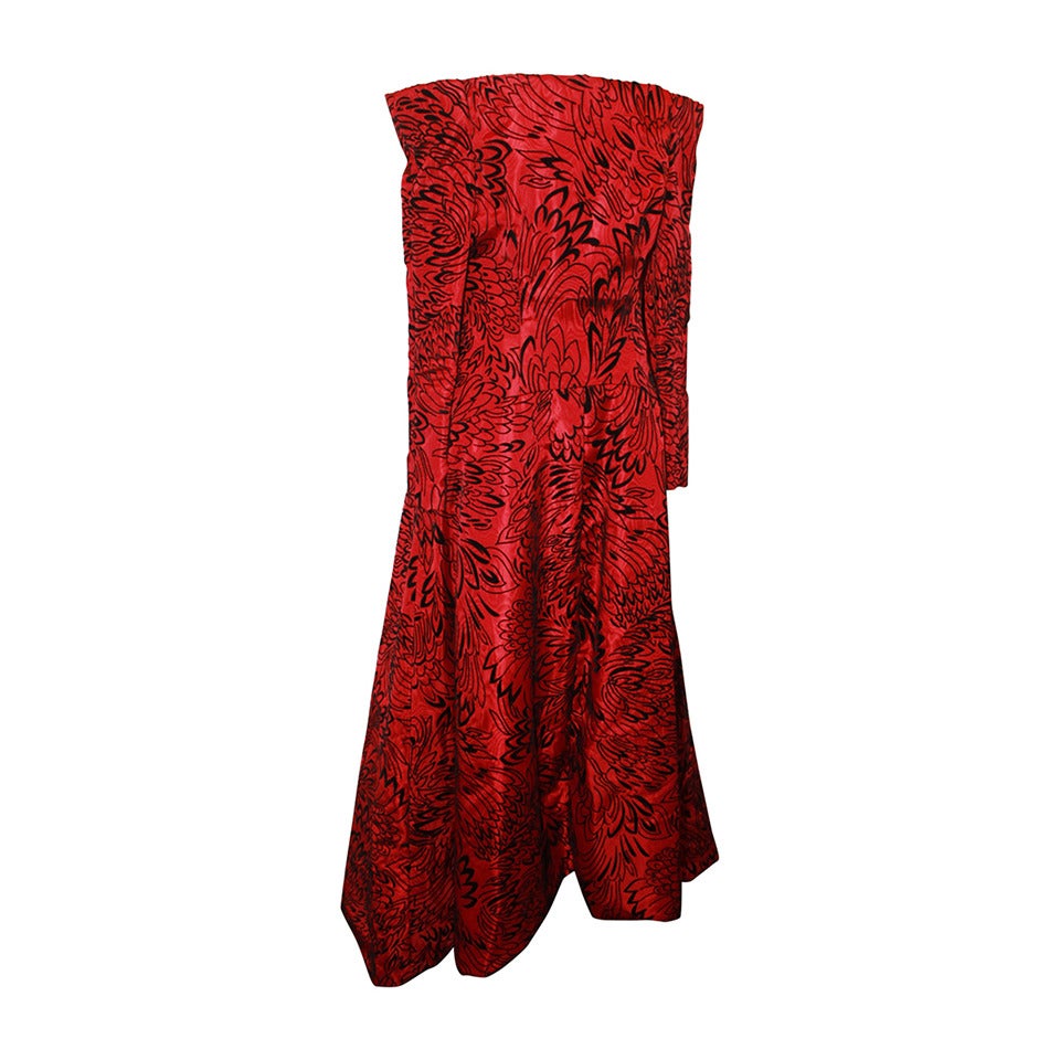 Scaasi 1990's Vintage Red & Black Long Sleeve Gown - 8