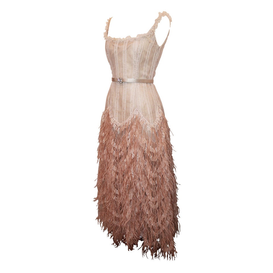 Oscar de la Renta Blush Lace Beaded Gown with Ostrich Feathers and ...