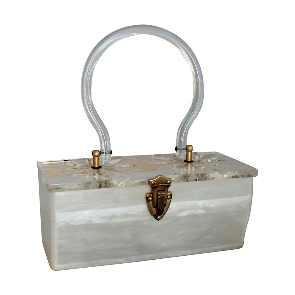 1950s Vintage Reverse Carved Lucite Frosted Top Handle Handbag