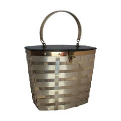 Goldstrom 1950s Vintage Goldtone Basket Weave with Grey Marbleized Top Bag 10