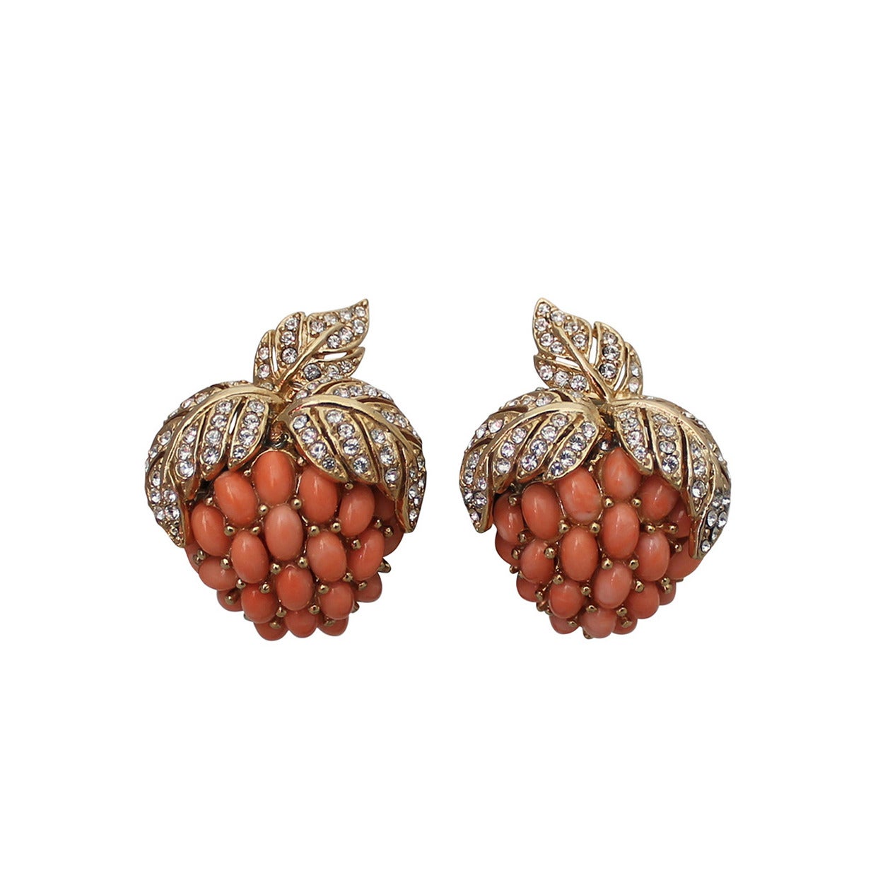 1990s Ciner Strawberry Shaped Earrings with Coral Colored Stones and Rhinestones