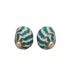 1990s Ciner Turquoise and White Enamel Seashell Earrings