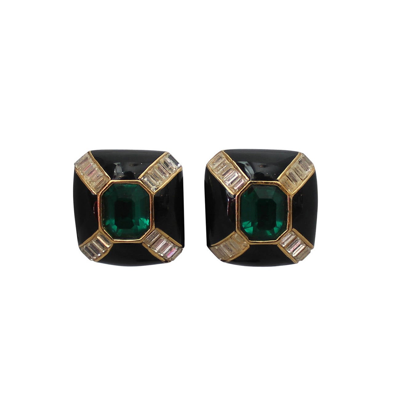 1990s Ciner Black Enamel and Goldtone Earrings with Green Center