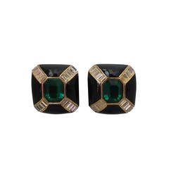 1990s Ciner Black Enamel and Goldtone Earrings with Green Center 9