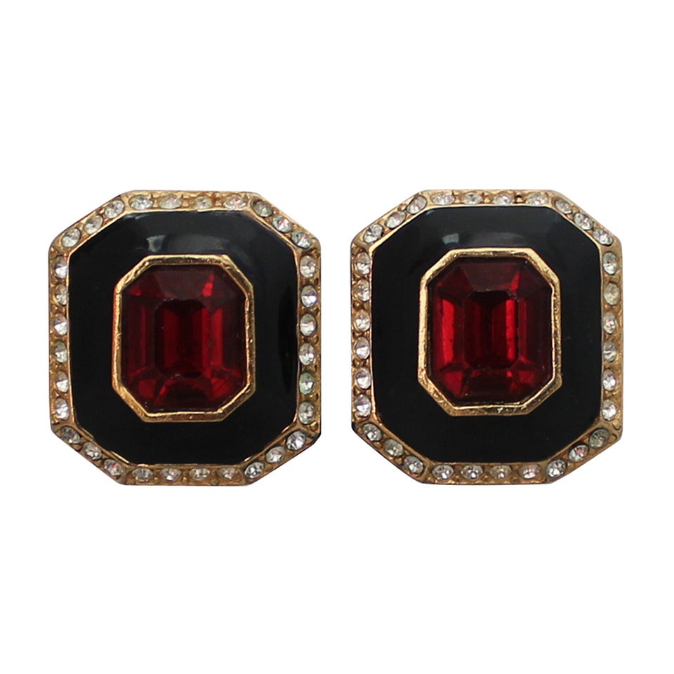 1990s Ciner Black Enamel with Red Center Stone Earrings