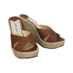 Jimmy Choo Brown Leather and Straw Wedge Slides - 41