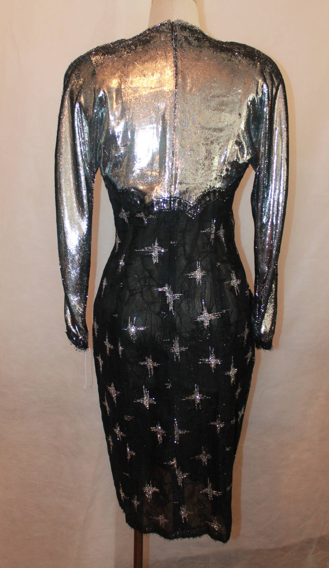 Women's Geoffrey Beene 1980's Vintage Black & Silver Long Sleeve Dress - 8