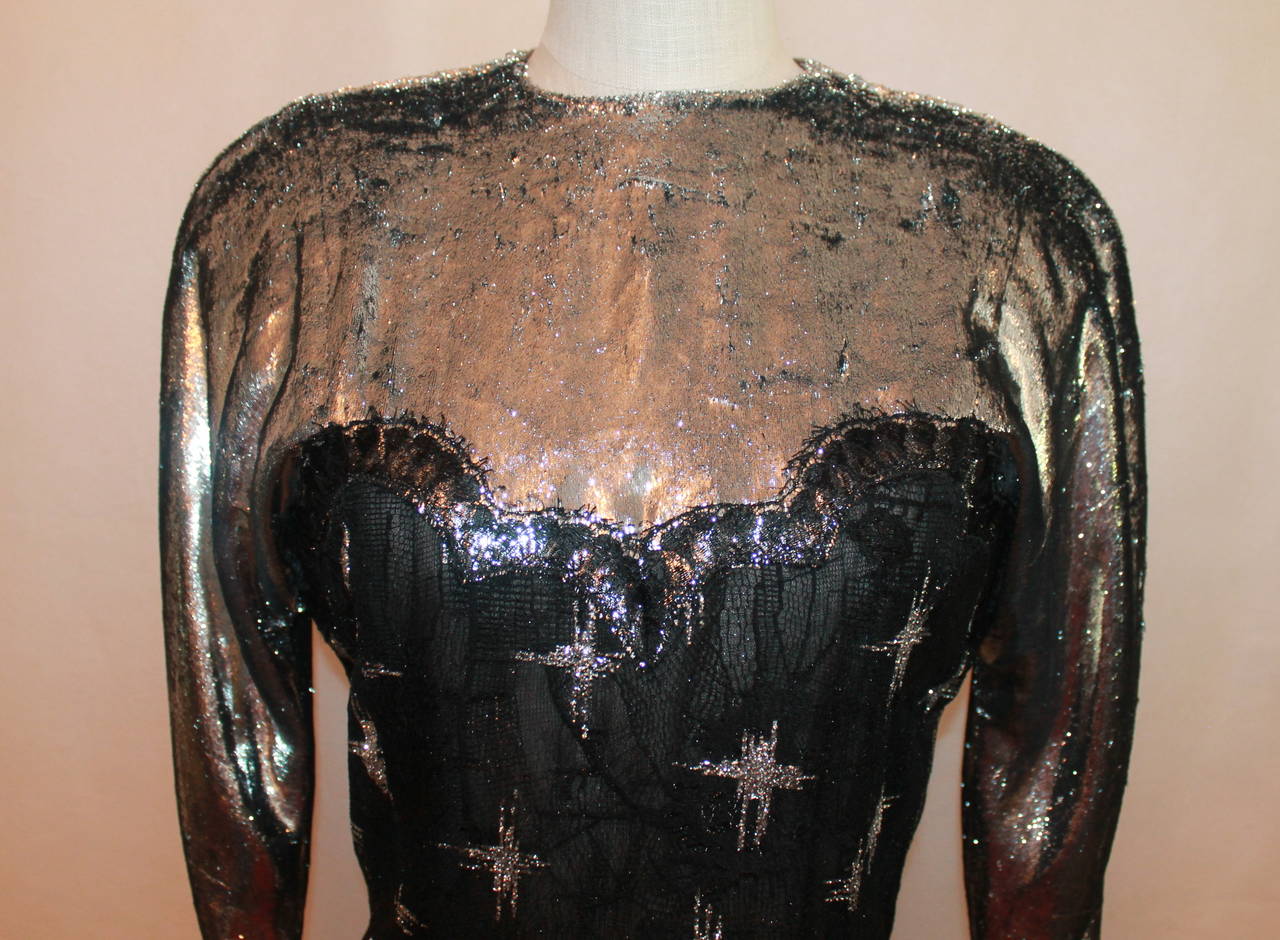Geoffrey Beene 1980's Vintage Black & Silver Long Sleeve Dress - 8 1