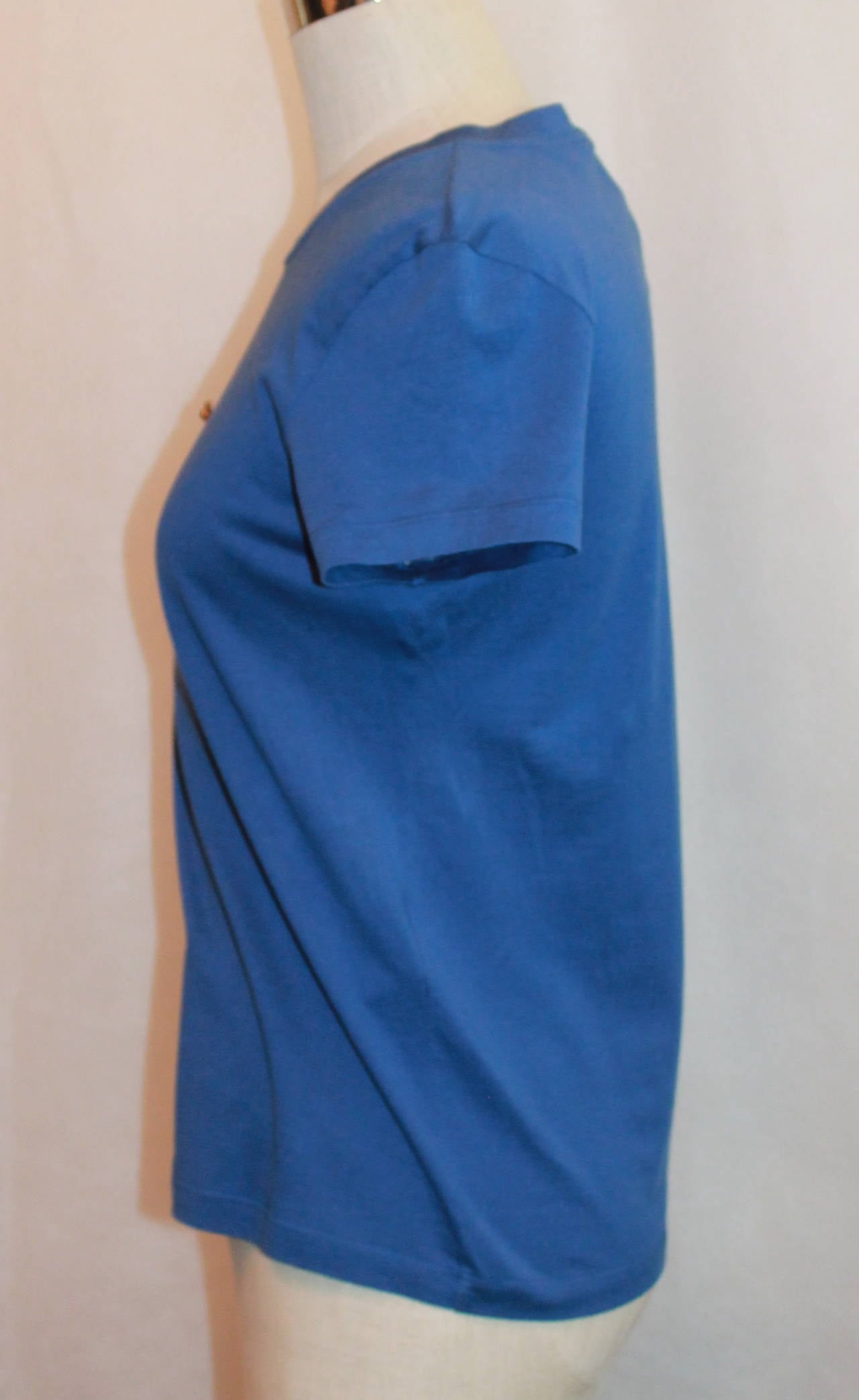 Chanel Blue Cotton Tee with Gripoix Button - 34