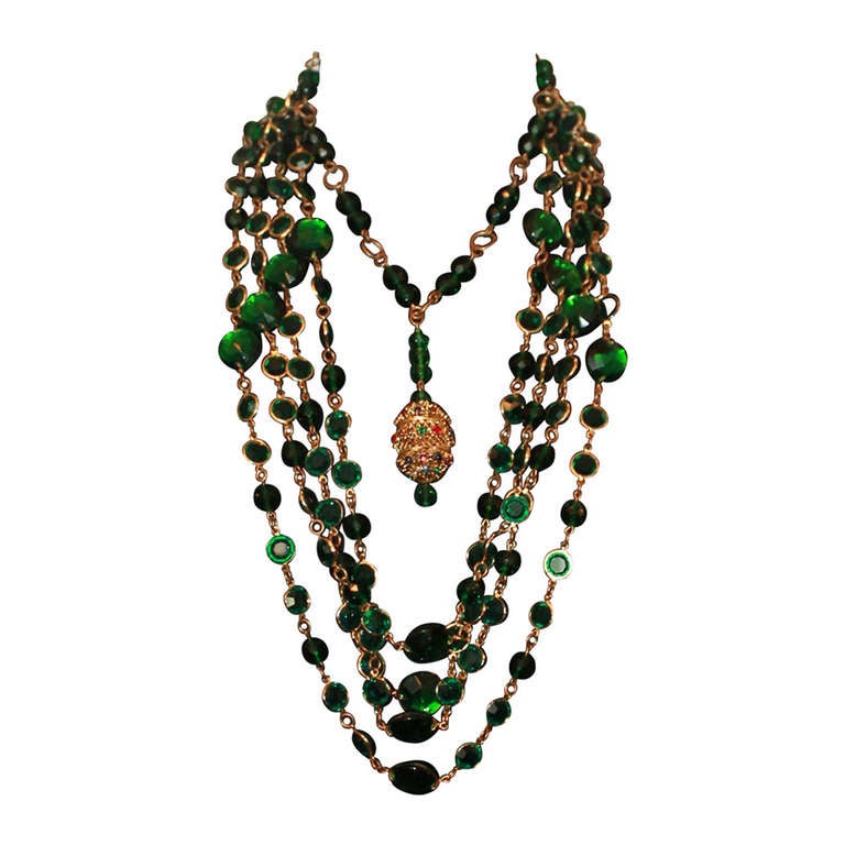 Erickson Beamon Green chicklet and crystal goldtone 5 strand necklace-80's