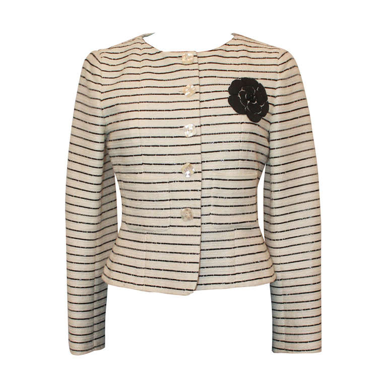 Chanel Ivory jacket w/ black sequin stripes and Black Camelia Crest -Sz ...