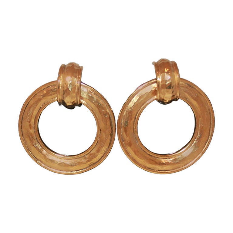 Chanel Hammered Goldtone Hoop Earrings - Circa Early 80's