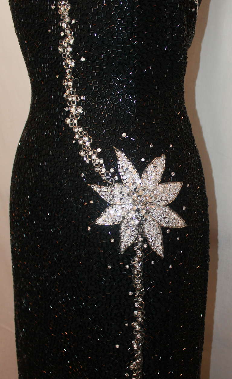 Unknown Vintage Black & Silver Beaded Gown - 6 In Excellent Condition In West Palm Beach, FL