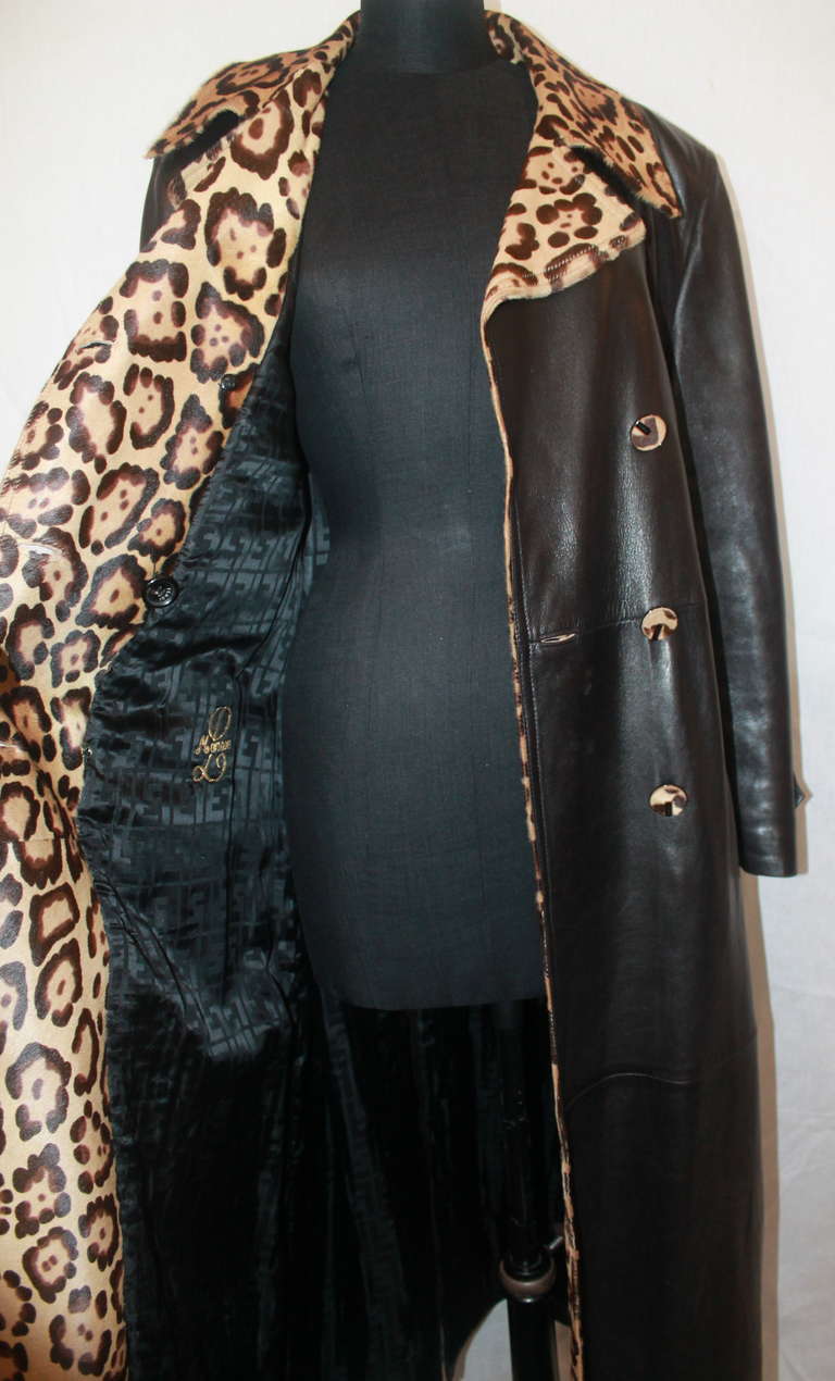Fendi Brown Leather & Leopard Skin Trench Coat - M In Excellent Condition In West Palm Beach, FL