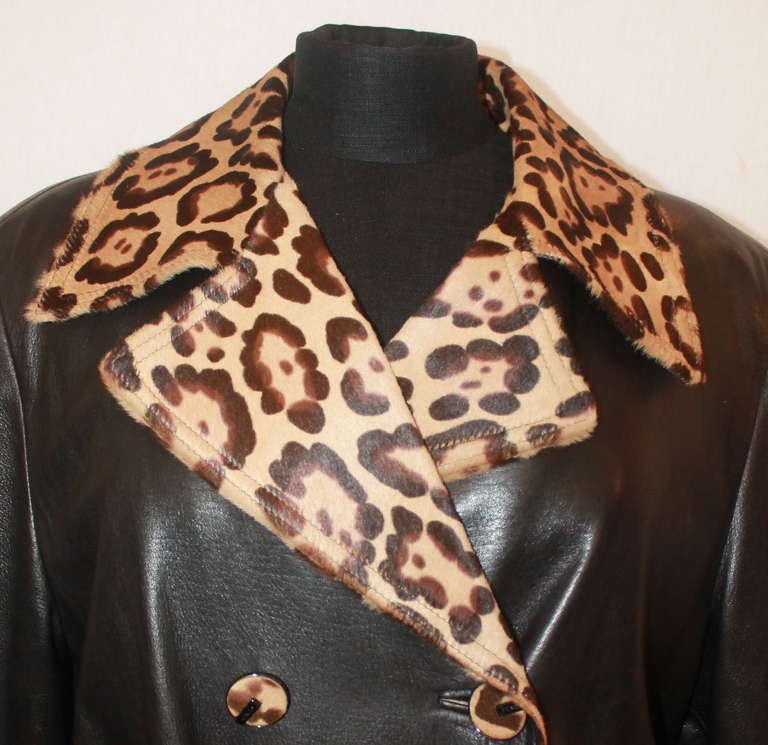 Women's Fendi Brown Leather & Leopard Skin Trench Coat - M