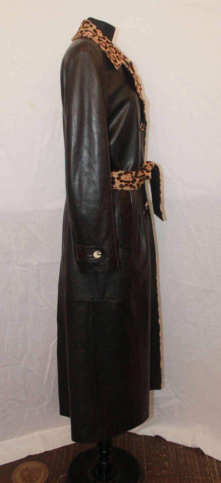 Fendi Brown Leather & Leopard Skin Trench Coat - M 1