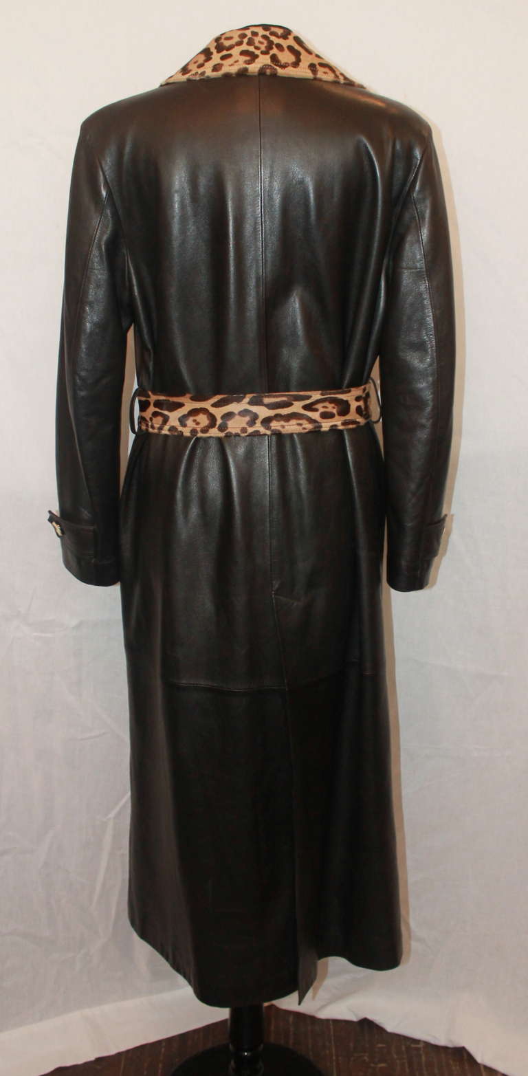 Fendi Brown Leather & Leopard Skin Trench Coat - M 2