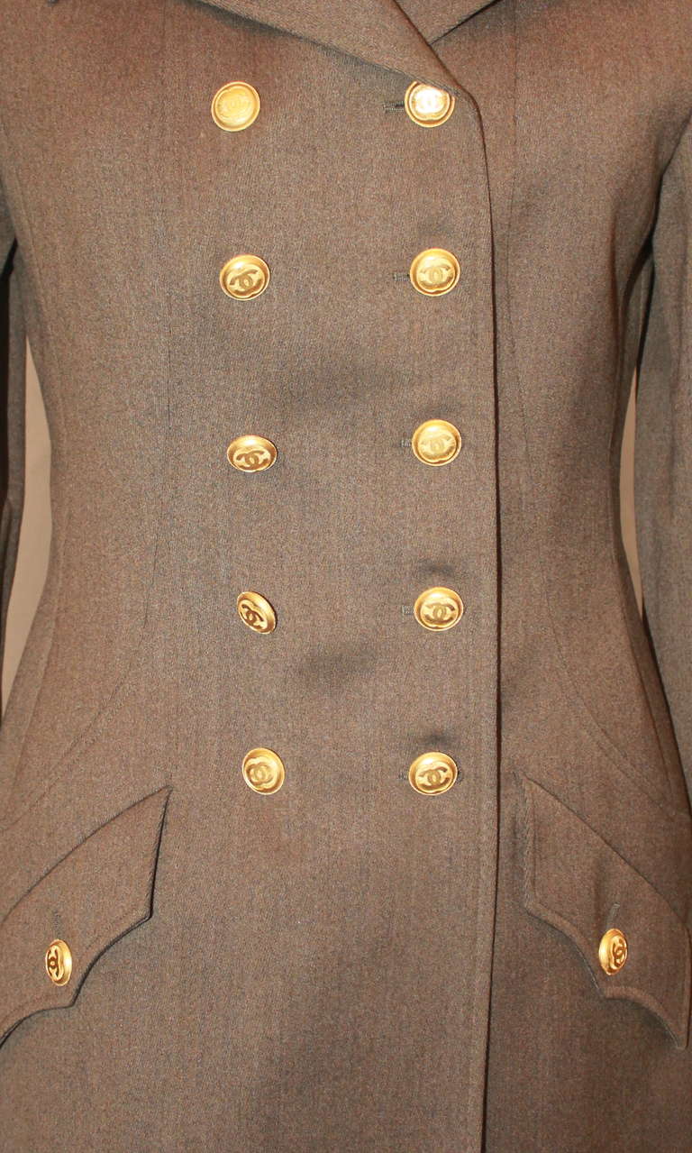 Chanel Olive Wool Double Breasted Jacket. This jacket has gold 