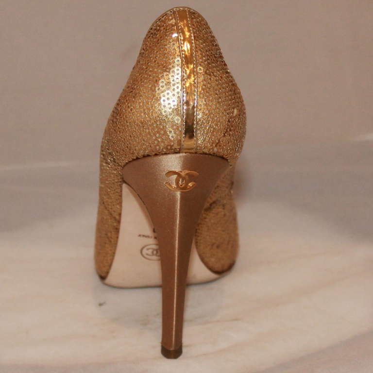 Brown Chanel Gold Sequin Covered Pumps with 