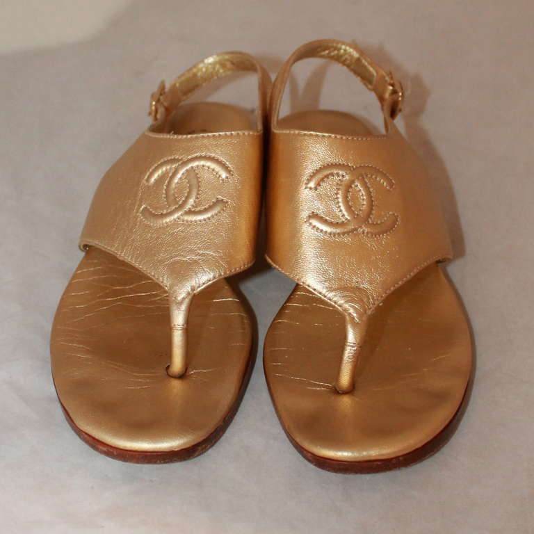 Chanel Gold Leather Sandals with a stitched 