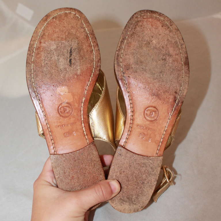 Women's Chanel Gold Leather Sandals - 5