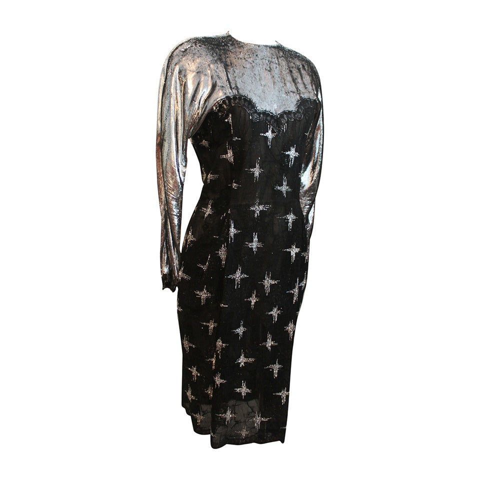 Geoffrey Beene 1980's Vintage Black & Silver Long Sleeve Dress - 8