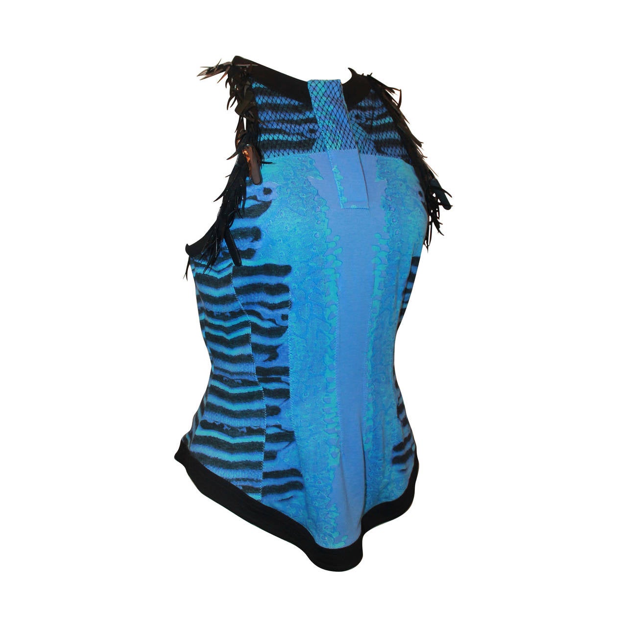 Roberto Cavalli Blue and Black Sleeveless Cotton Top - 42 For Sale