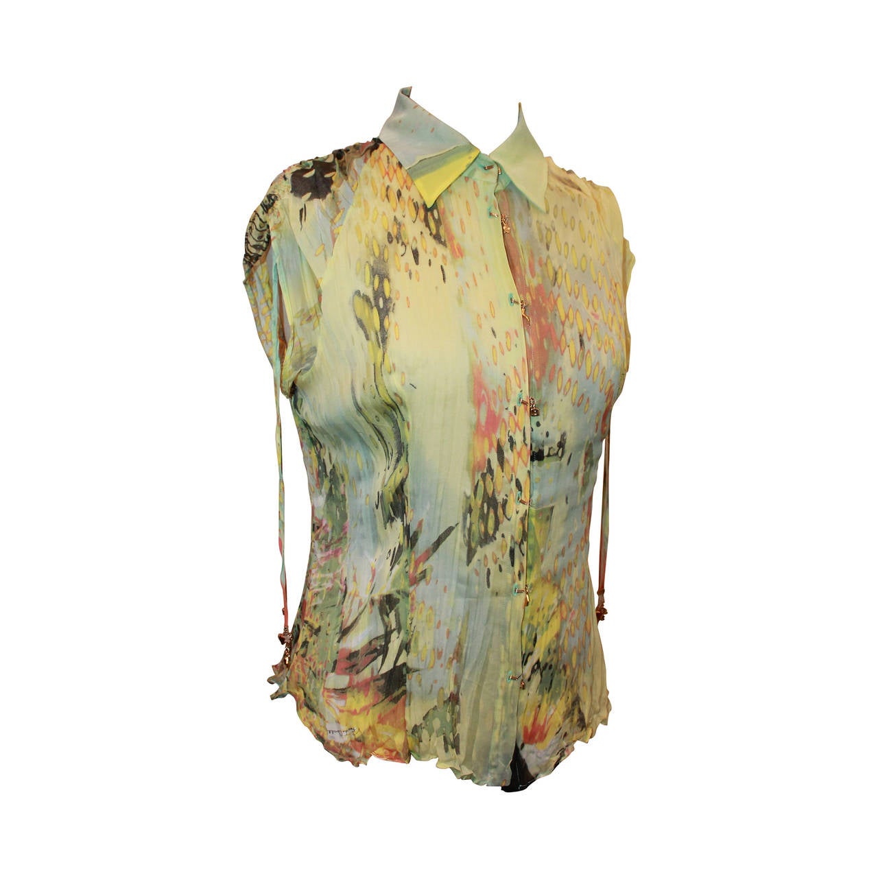 Roberto Cavalli Green Mutli Color Silk Chiffon Top - S