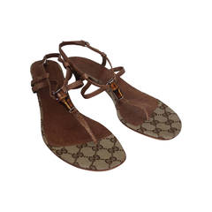 Used Gucci Brown Leather Thong Sandal with Bamboo Detail & Kitten Heel - 39.5