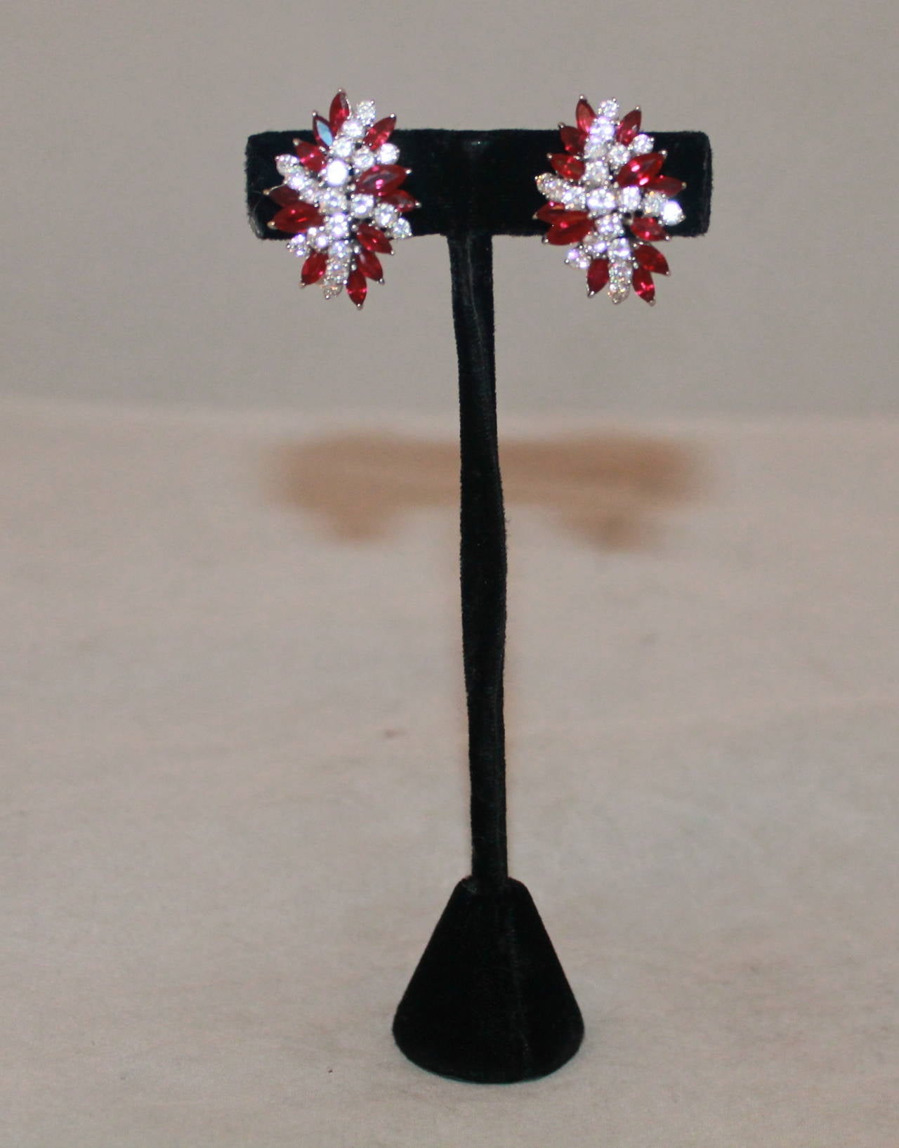 Mariko Sterling Silver Ruby Tone and Rhinestone Vine Clip On Earrings in Excellent Condition. 

Measurements: 
Length: 1.5 