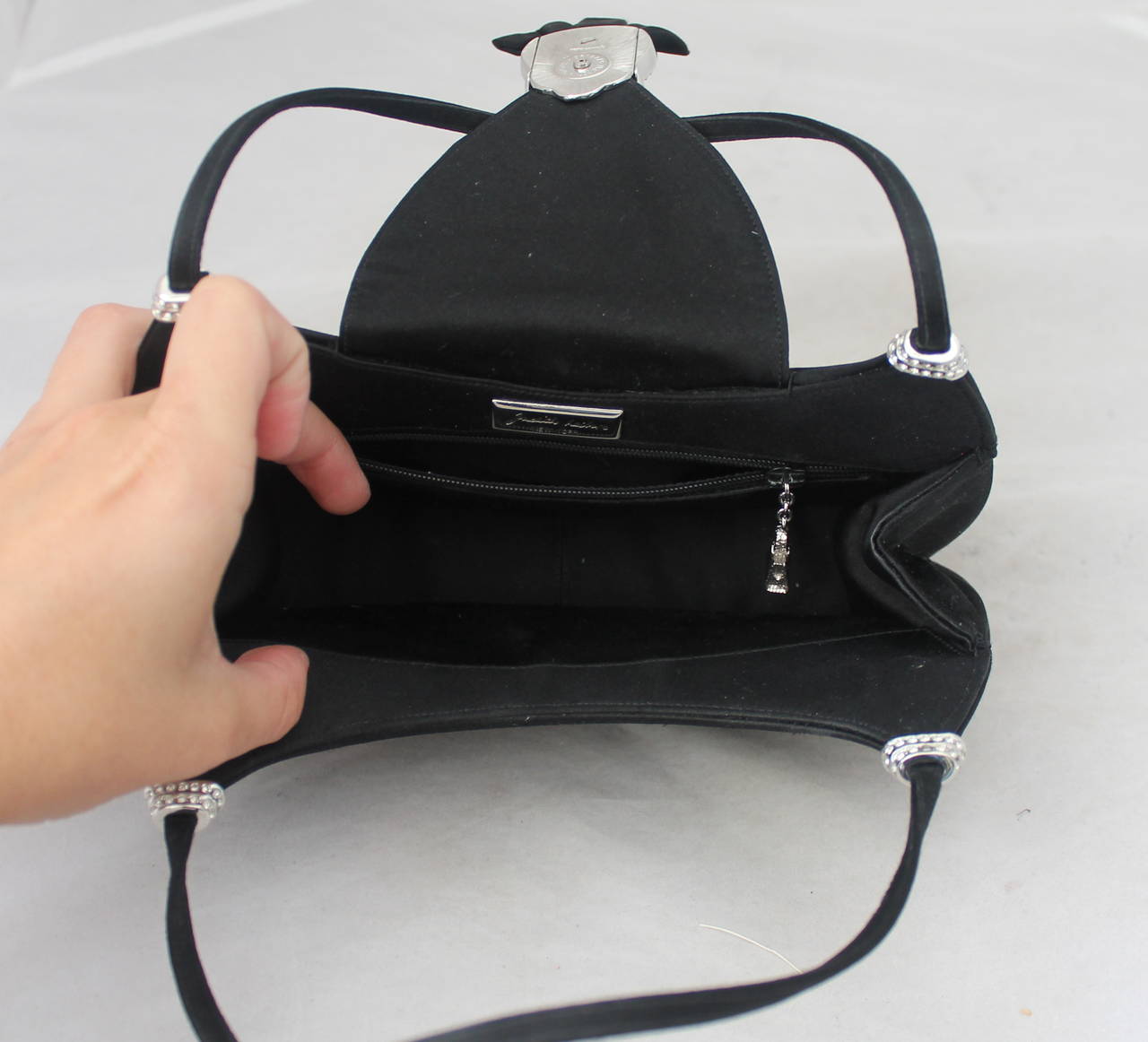 Judith Leiber Black Satin Evening Bag with Rhinestone Details at