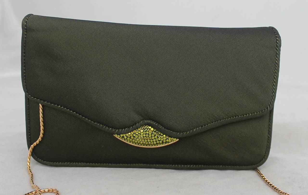 Judith Leiber Olive Satin Evening Bag & Clutch with Rhinestones. This bag is in very good condition with light wear. It has a long gold strap that can be removed. 

Measurements:
Height- 3.5