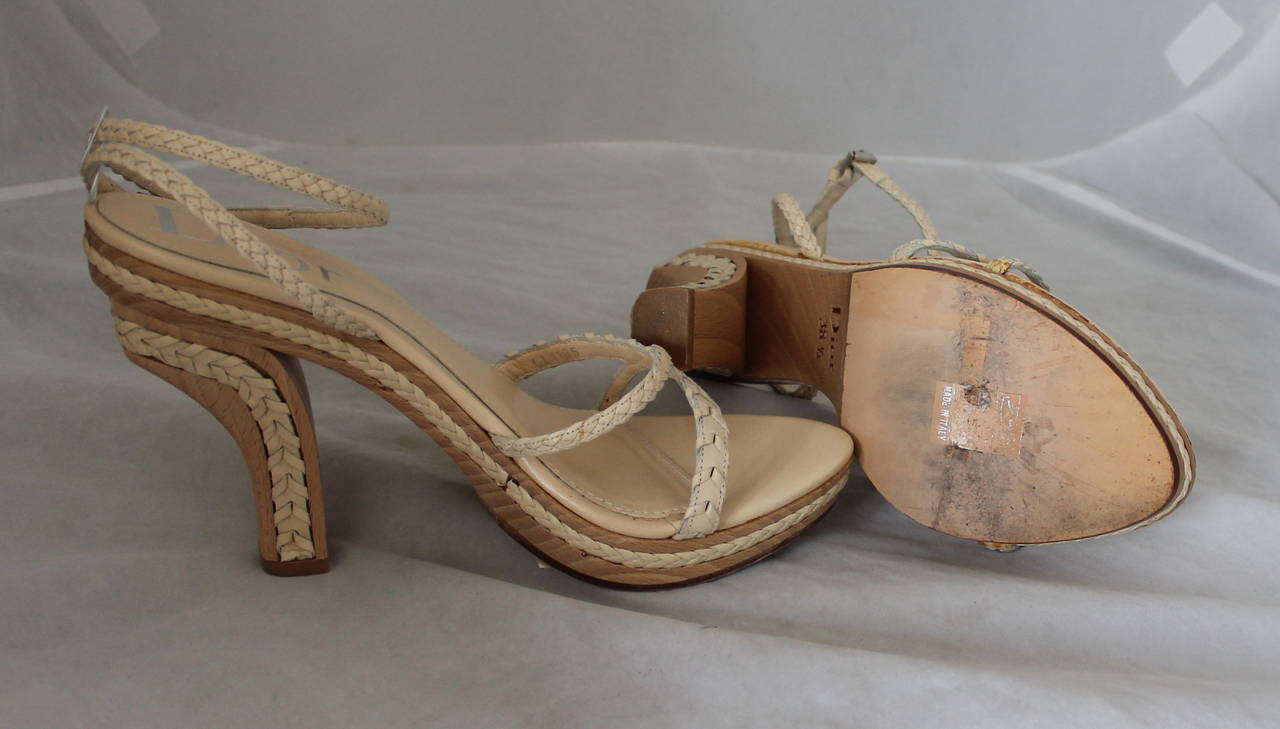 Brown Christian Dior Creme Braided Leather Woodstack Heel - 38.5