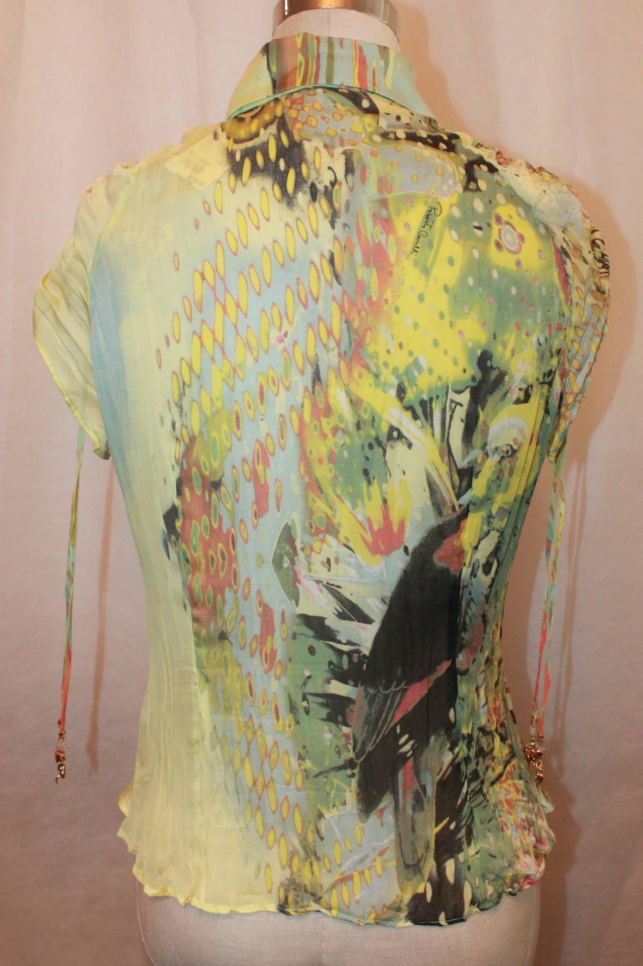 Women's Roberto Cavalli Green Mutli Color Silk Chiffon Top - S
