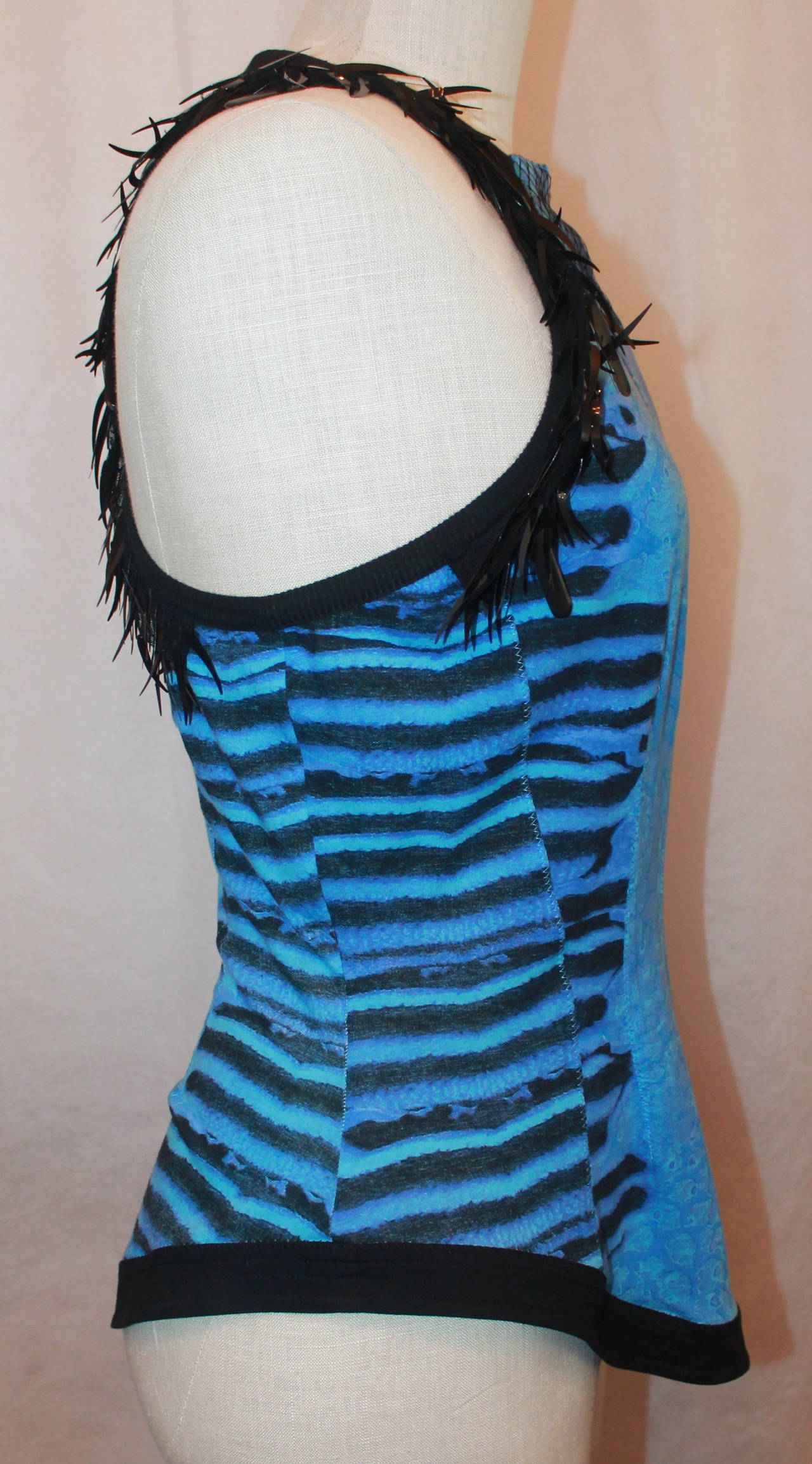 Women's Roberto Cavalli Blue and Black Sleeveless Cotton Top - 42 For Sale