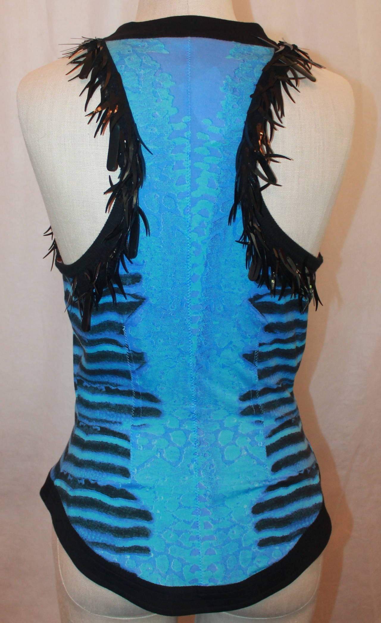 Roberto Cavalli Blue and Black Sleeveless Cotton Top - 42 For Sale 1