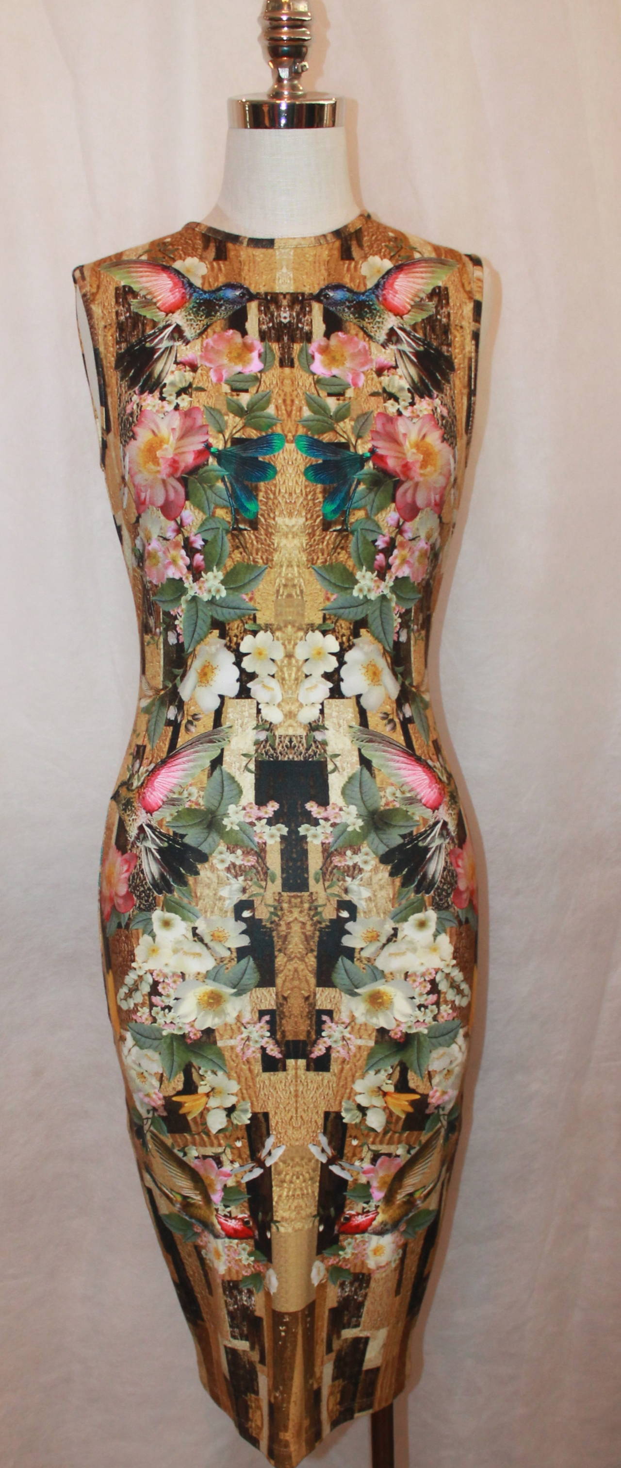 Alexander McQueen 2013 Resort Kolibri & Floral Print Fitted Dress - M