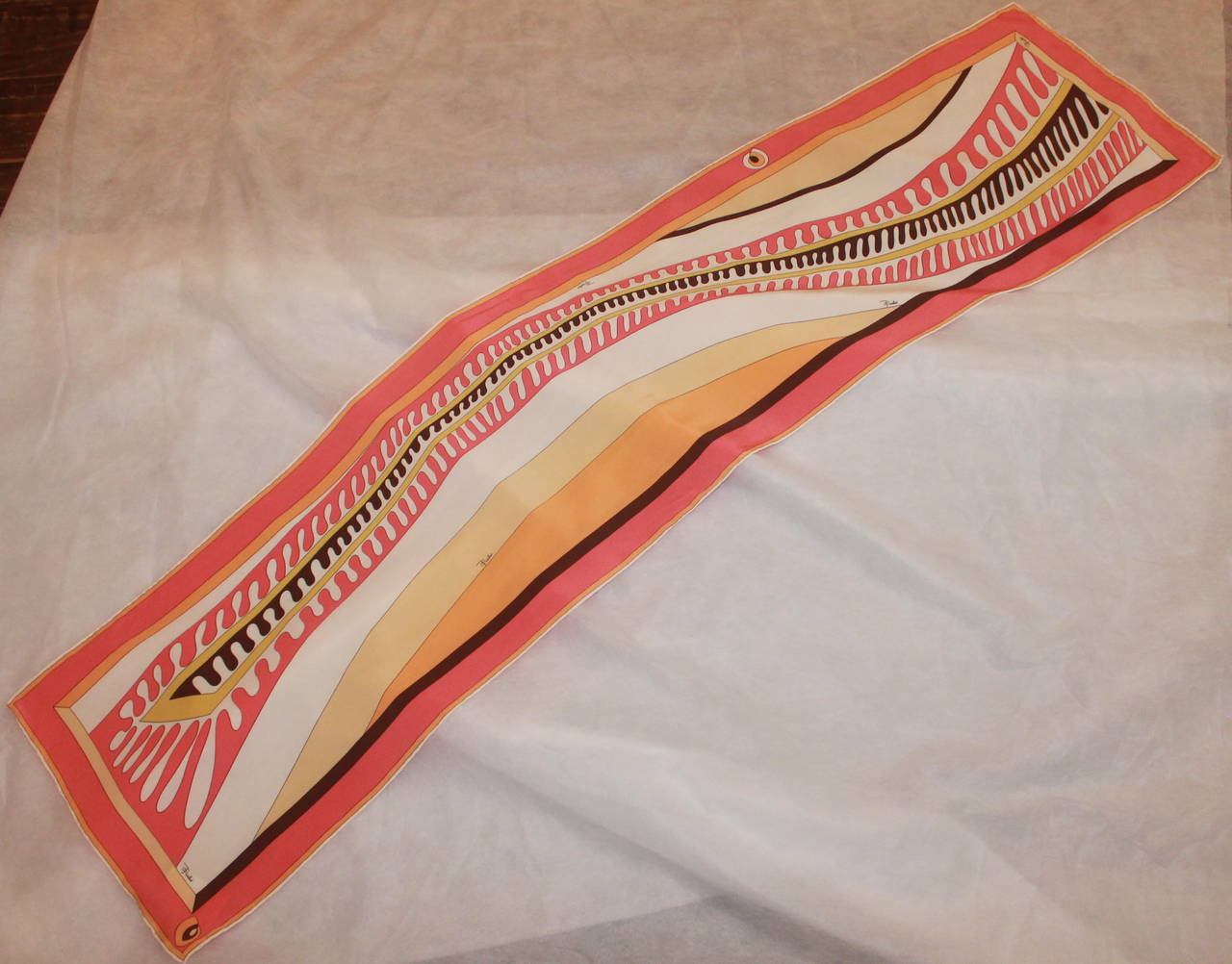 Emilio Pucci Pink, Orange & Brown Printed Geometric Scarf In Excellent Condition In West Palm Beach, FL