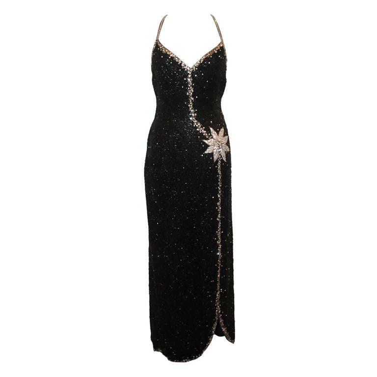 Unknown Vintage Black & Silver Beaded Gown - 6