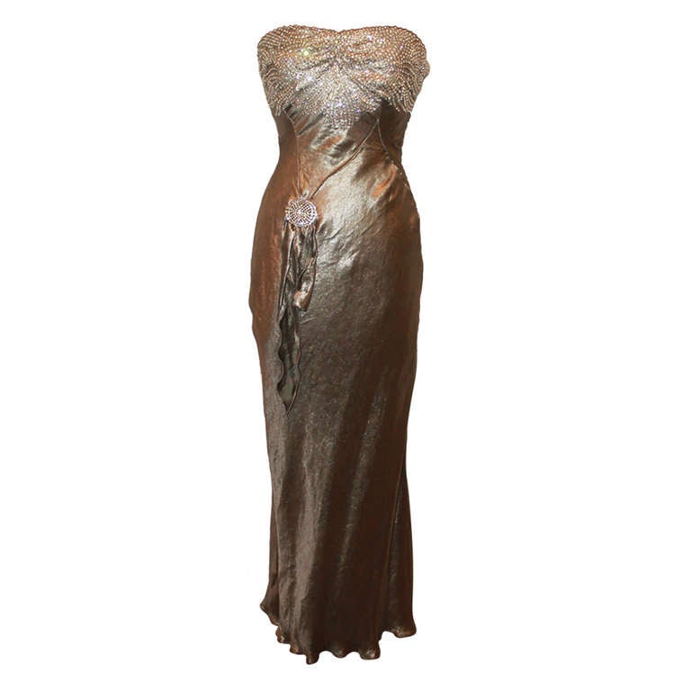 Ralph Lauren Couture Gunmetal Silk Lame Gown - 6