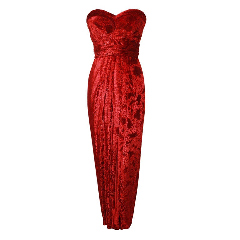 Carolyn Roehm Red Silk Pane Velvet Gown - 4